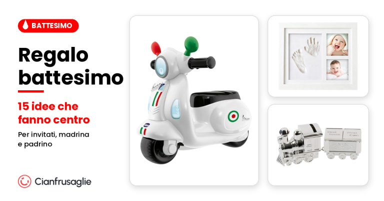 Regalo battesimo: Vespa Chicco giocattolo, kit impronte di mani e piedi e salvadanaio trenino in argento su Cianfrusaglie